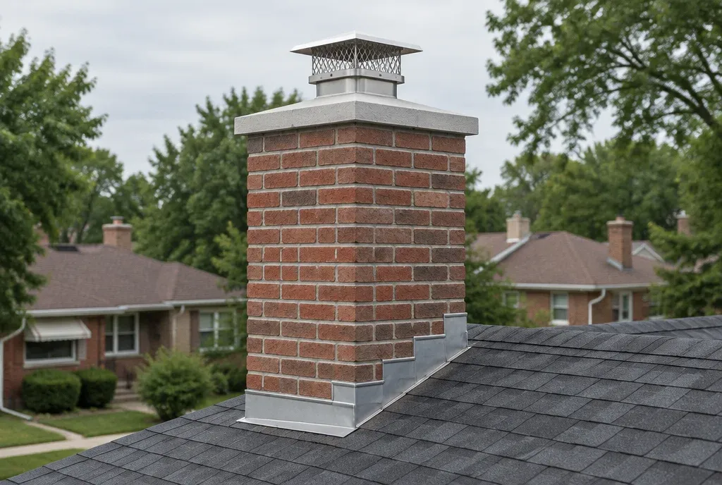 Rebuilt brick chimney with a concrete crown and metal rain cap