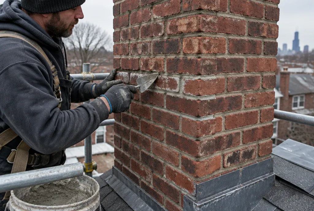 Mason repairing mortar joints on a residential brick chimney