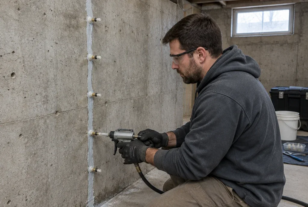 Technician repairing a concrete basement foundation crack using injection ports
