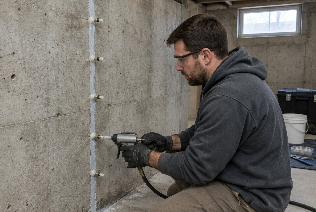 Technician repairing a concrete basement foundation crack using injection ports