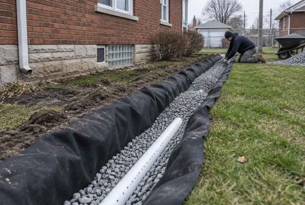 French drain trench with filter fabric, gravel and drainage pipe beside a brick home