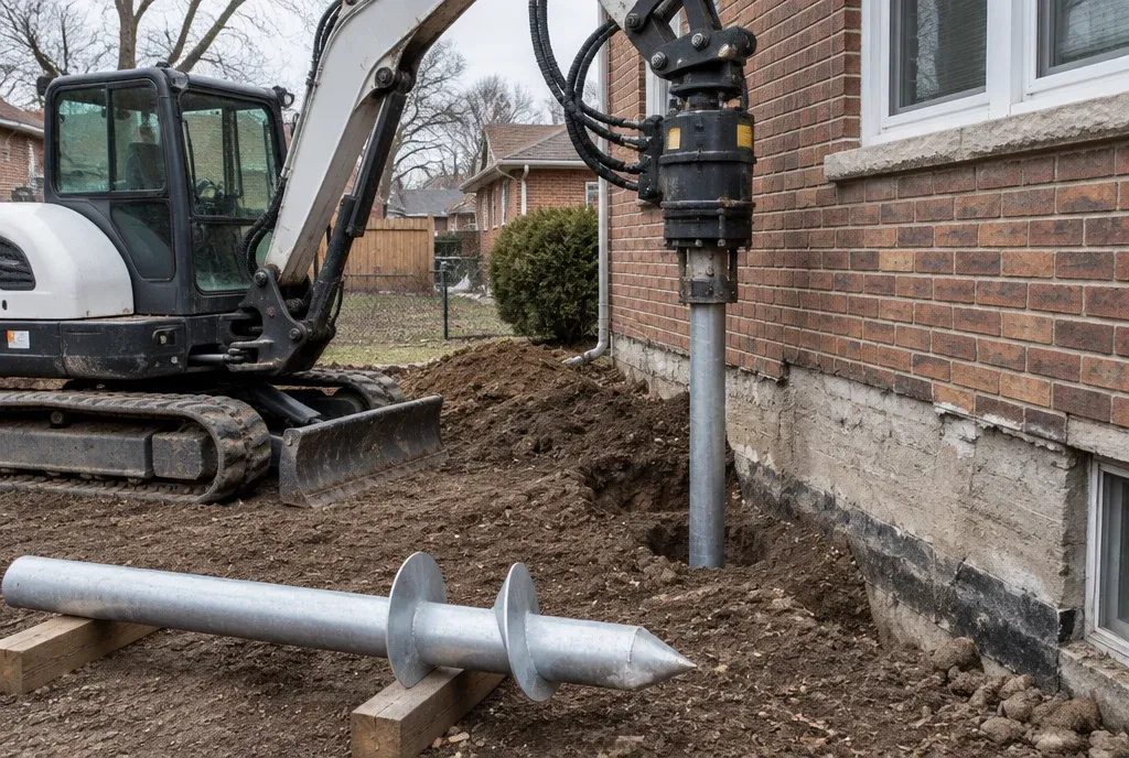 Helical pier equipment beside a residential foundation