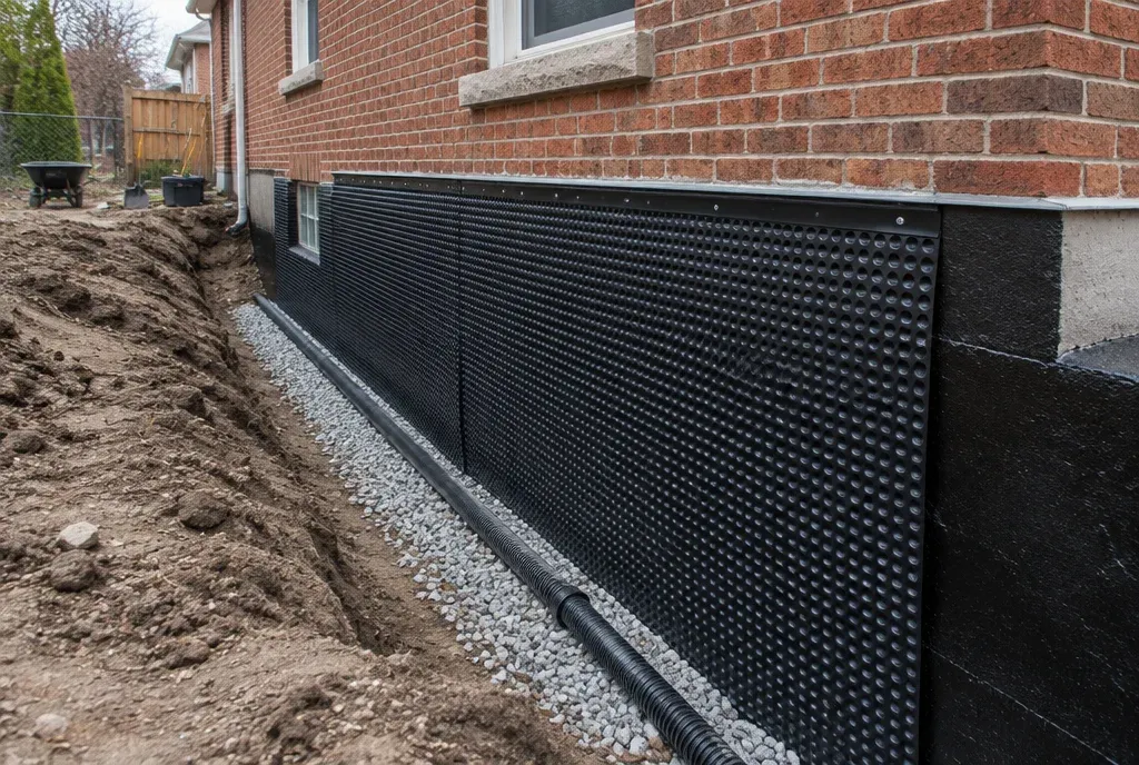 Waterproofing membrane being installed beside an exposed residential foundation wall